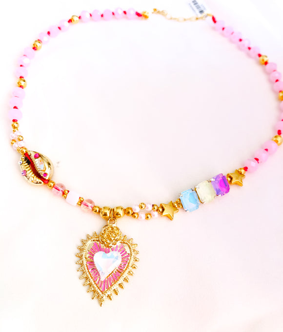 Collar corazón, cristal y caracol